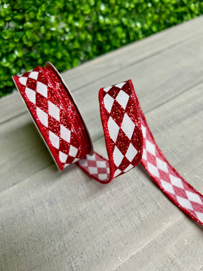7/8 Inch By 10 Yard Red And White Glitter Harlequin Ribbon