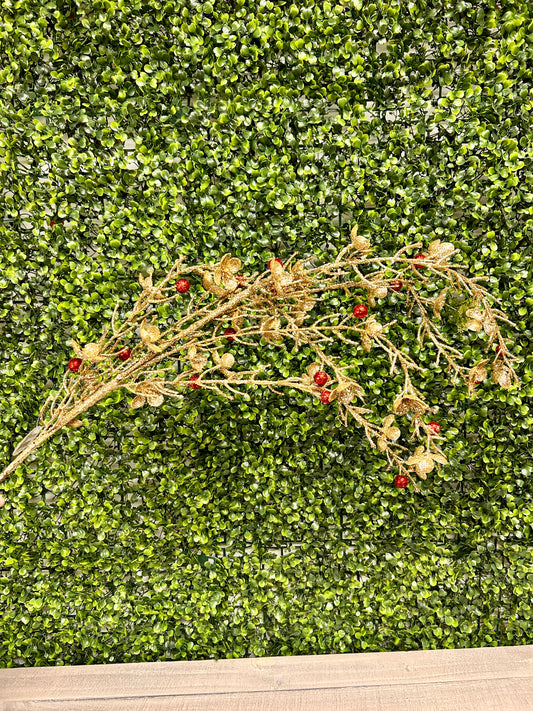 45 Inch Gold Glittered Wild Flower Spray With Red Glitter Berries