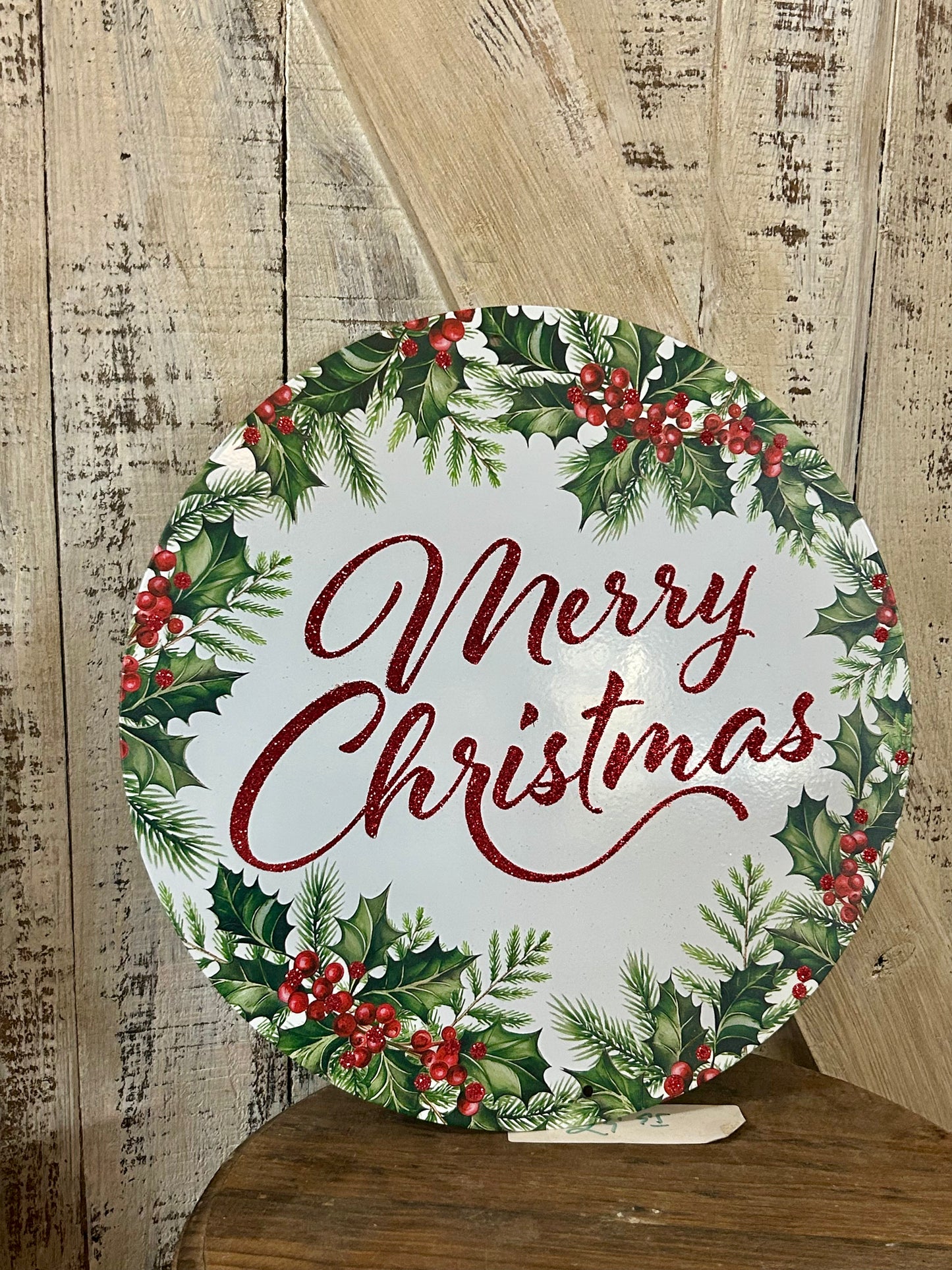 12 Inch Merry Christmas With Holly Metal Sign