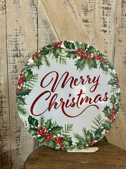 12 Inch Merry Christmas With Holly Metal Sign