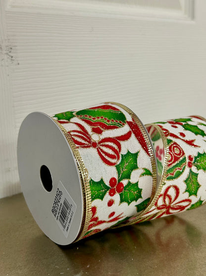 2.5 Inch By 10 Yard Poinsettia And Ornaments Ribbon