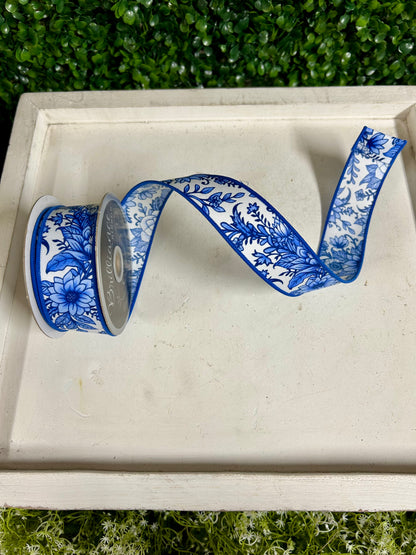 1.5 Inch By 10 Yard Blue And White Chinoiserie Florals Ribbon
