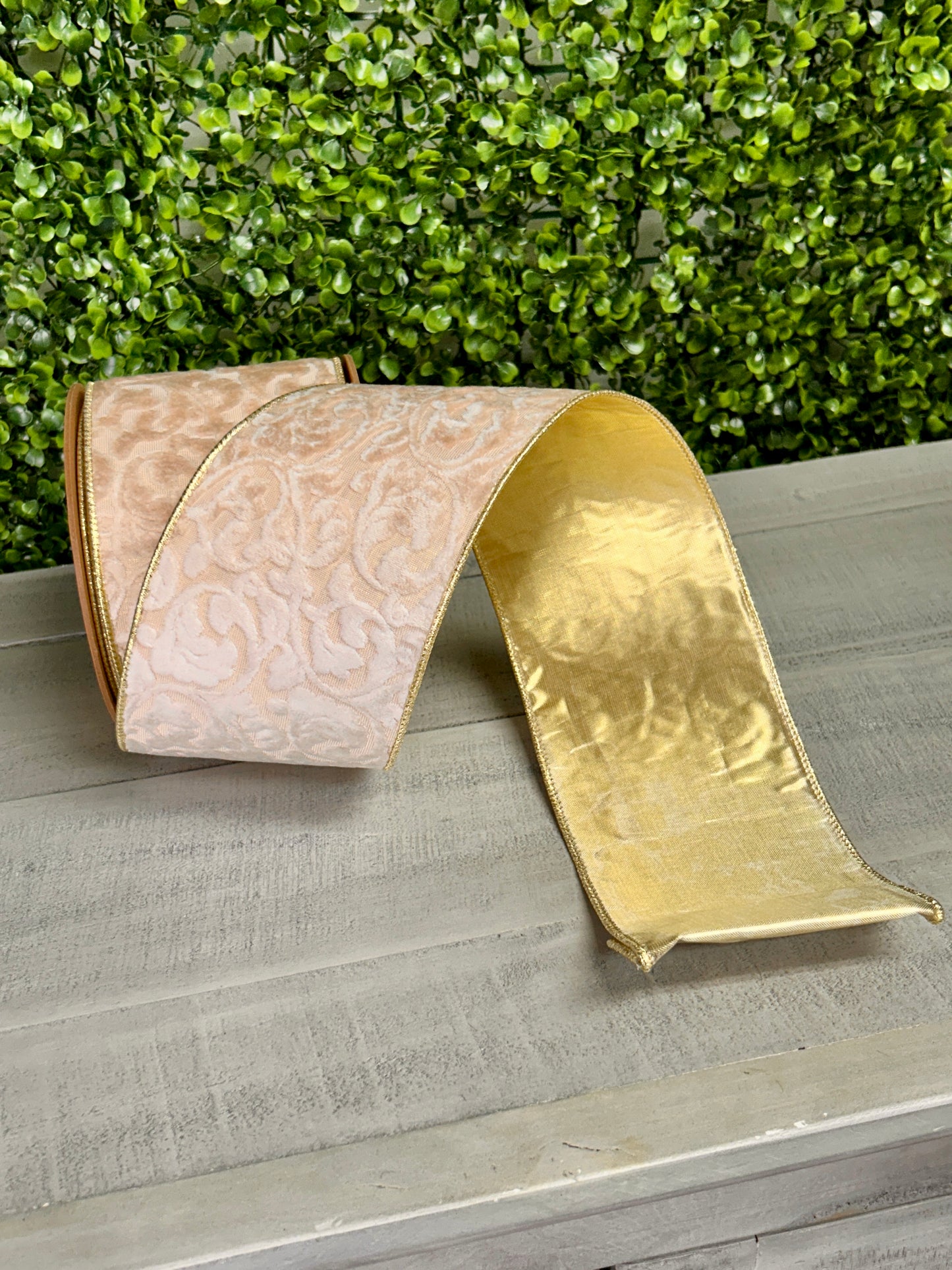 4 Inch By 10 Yard Ivory Velvet Floral Embossed Reversible With Gold Backing Ribbon