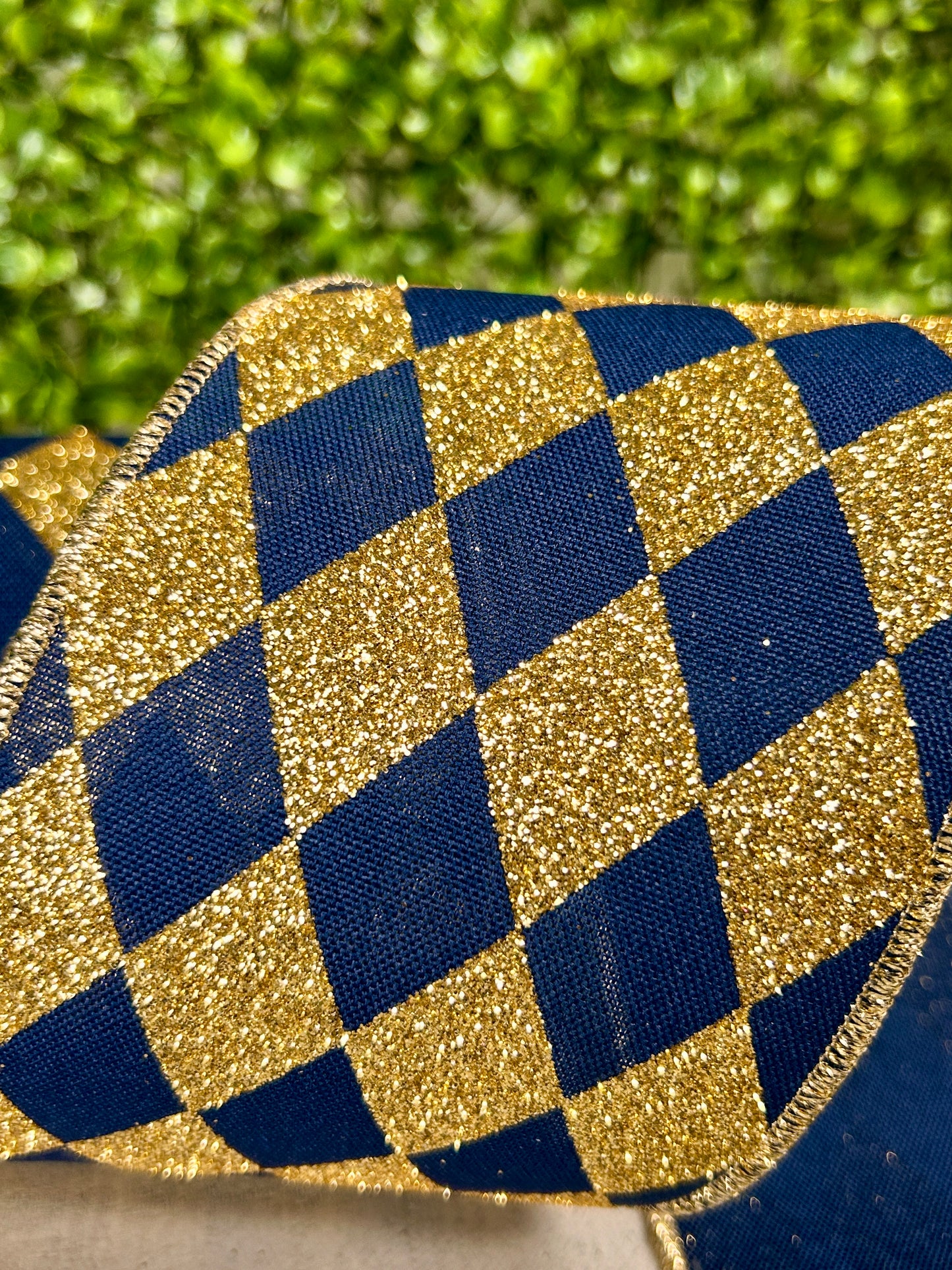 4 Inch By 10 Yard Navy Blue And Gold Harlequin Check Ribbon