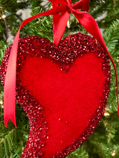 7 Inch Glitter Flocked Heart Ornament Two Styles