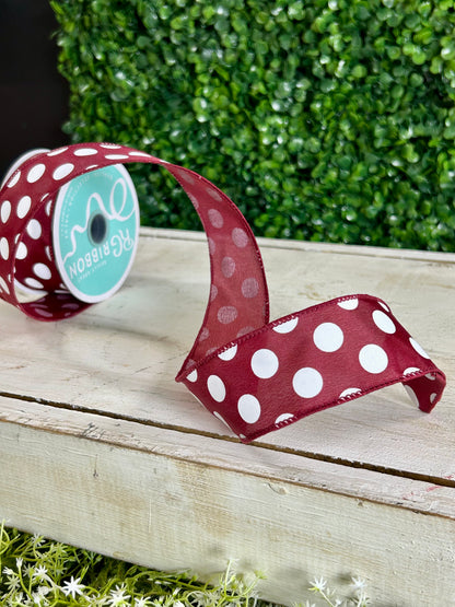 1.5 Inch By 10 Yards Maroon And White Polka Dots Ribbon