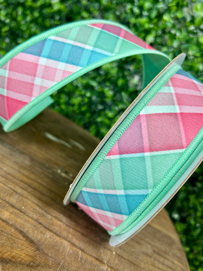 1.5 Inch By 10 Yard Light Teal Pink And Mint Bold Plaid Fused Ribbon