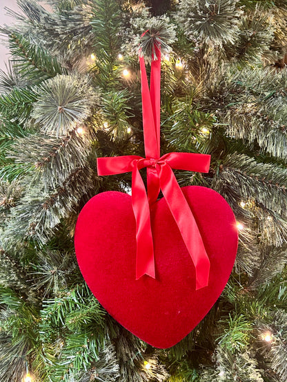 9 Inch Red Flocked Heart Hanging Ornament