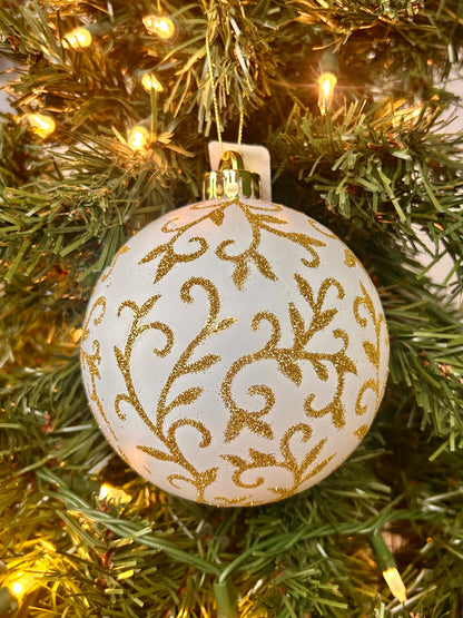 5 Inch White And Gold Glitter Swirl Matte Ball Ornament