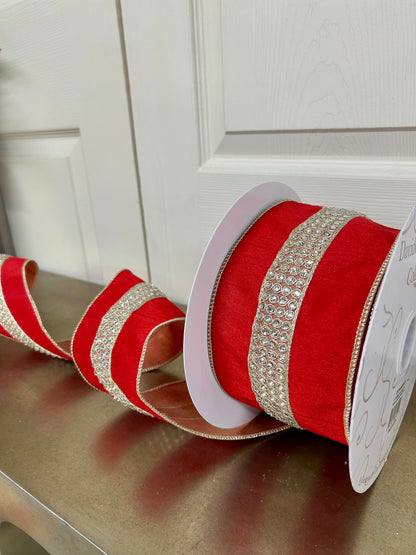 4 Inch By 10 Yard Red Faux Dupioni With Rhinestone Center Stripe Ribbon