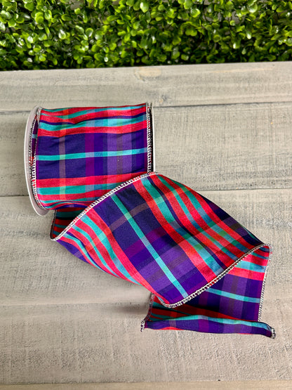 4 Inch By 10 Yard Fuchsia Purple And Teal Plaid Deluxe Ribbon