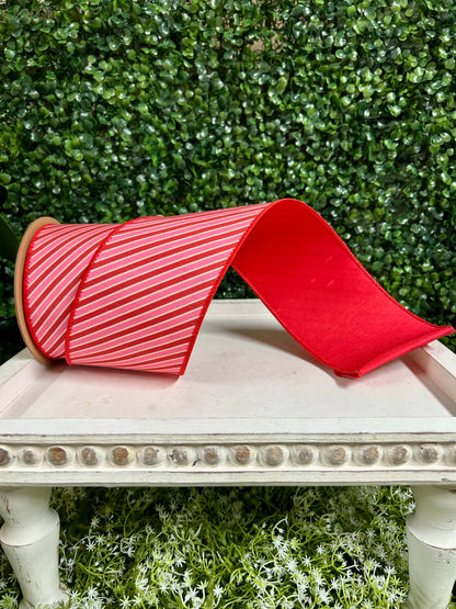 4 Inch By 10 Yard Red White And Pink Diagonal Stripe Dupioni Ribbon