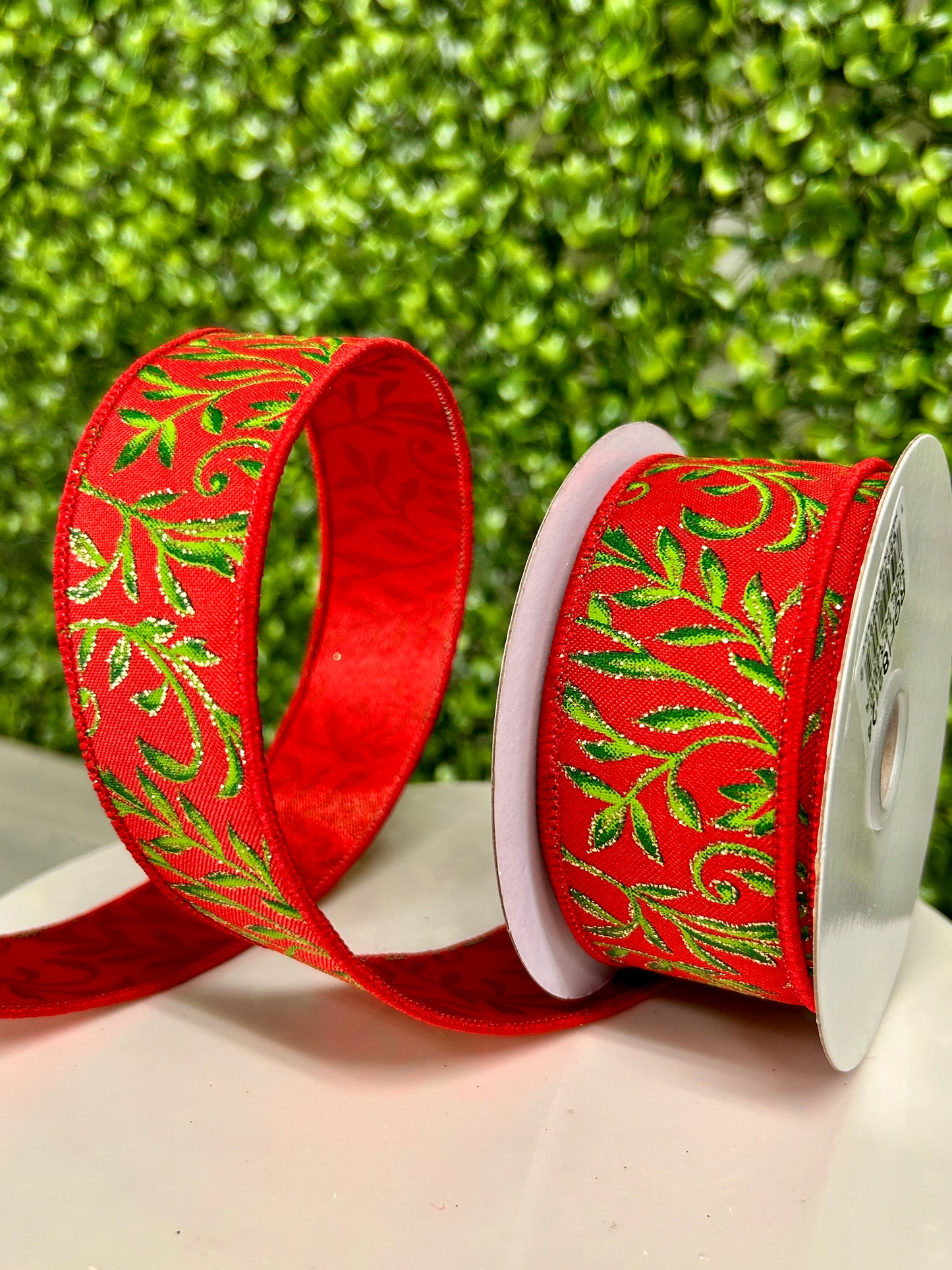 1.5 Inch By 10 Yard Red Green Gold Tonal Leaves Ribbon