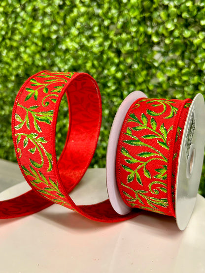 1.5 Inch By 10 Yard Red Green Gold Tonal Leaves Ribbon