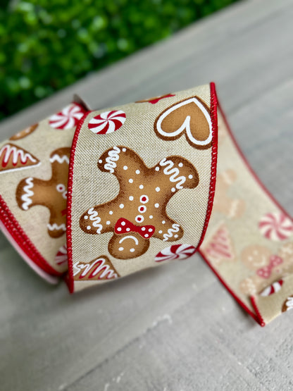 2.5 Inch By 10 Yard Cream Red And Brown Gingerbread Ribbon
