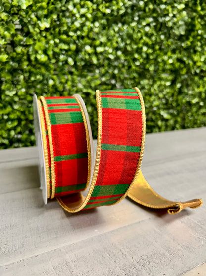 1.5 Inch By 10 Yard Modern Red And Green Christmas Plaid With Gold Back Ribbon