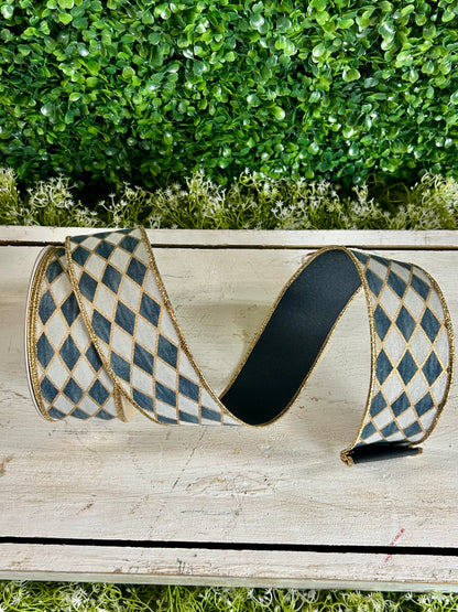 2.5 Inch By 10 Yard Cream Grey Gold And Black Antique Harlequin Fused Ribbon