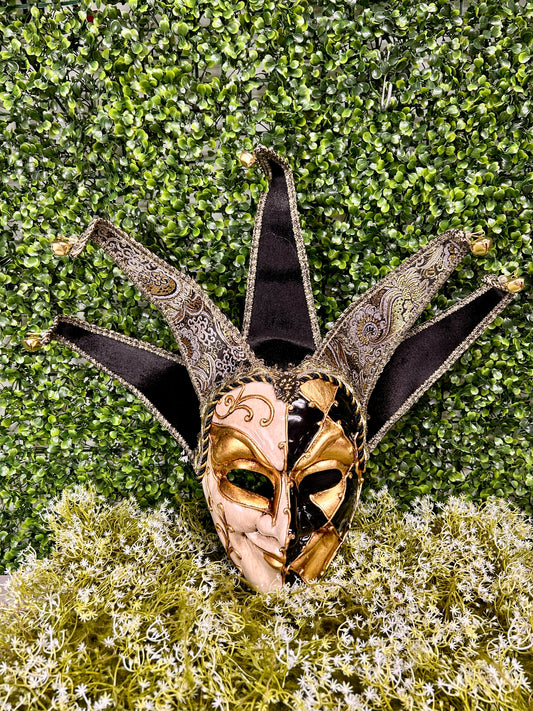 13.25 Inch Black White And Gold Jester Mask