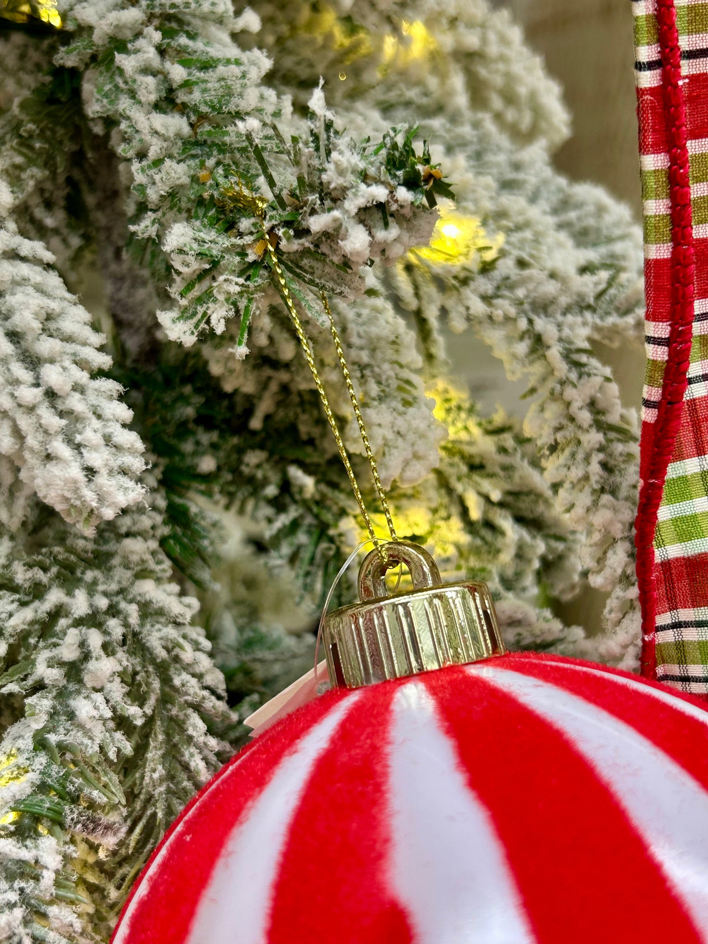 5 Inch Red And White Stripe Ball Ornament
