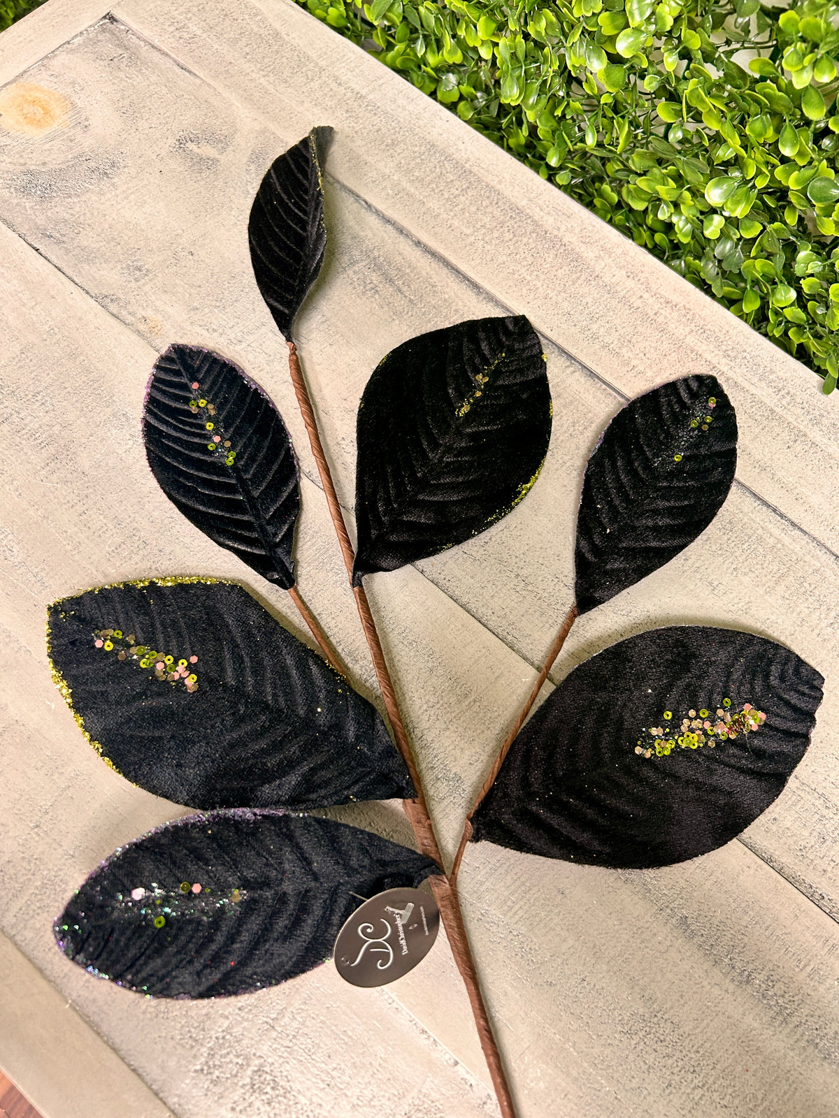 26 Inch Black Velvet Sequin Magnolia Leaf Spray