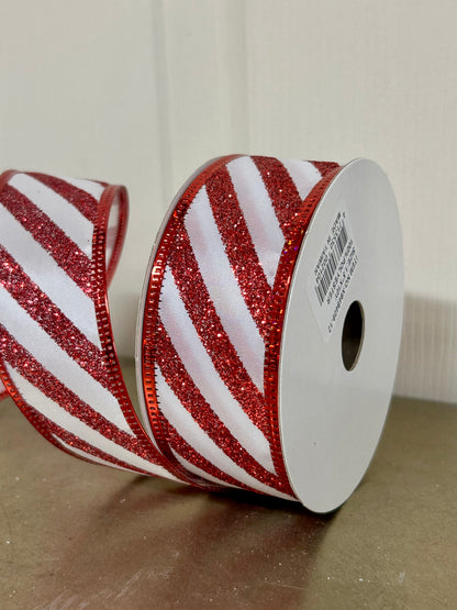 1.5 Inch By 10 Yard Red And White Glitter Candy Cane Stripe Ribbon