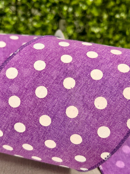 4 Inch By 10 Yard Purple Polka Dot Linen Ribbon