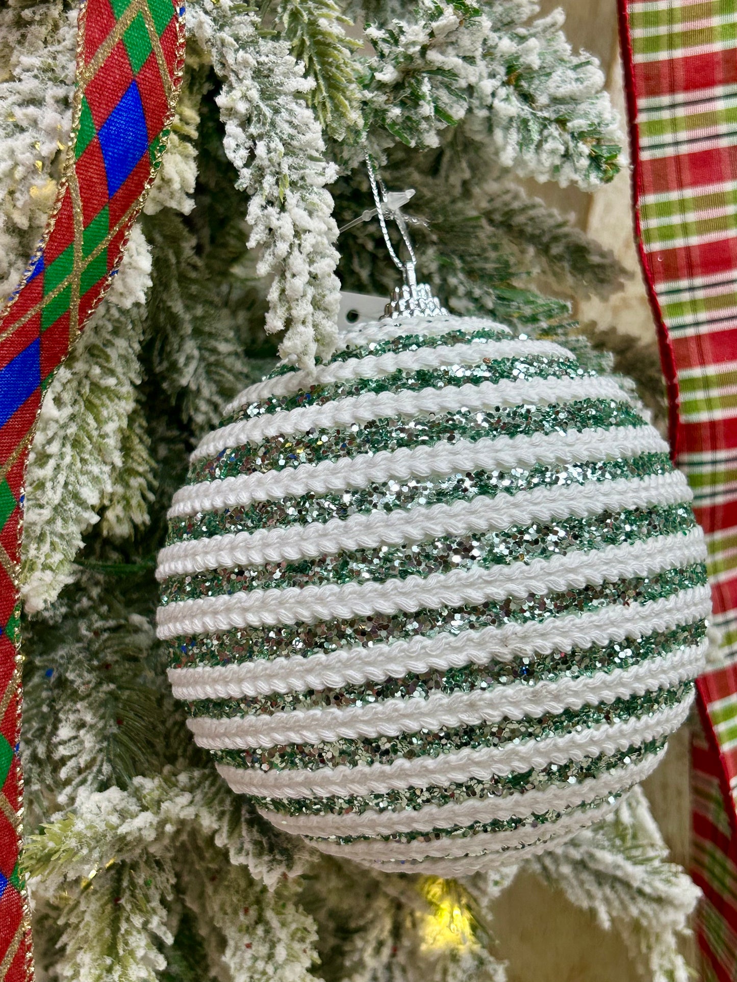 5 Inch Mint And White Sequin Ball Ornament