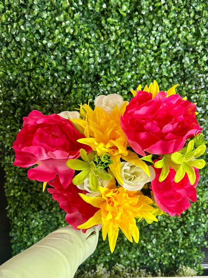 24 Inch Fushia And Yellow Peony Rose And Mum Bush
