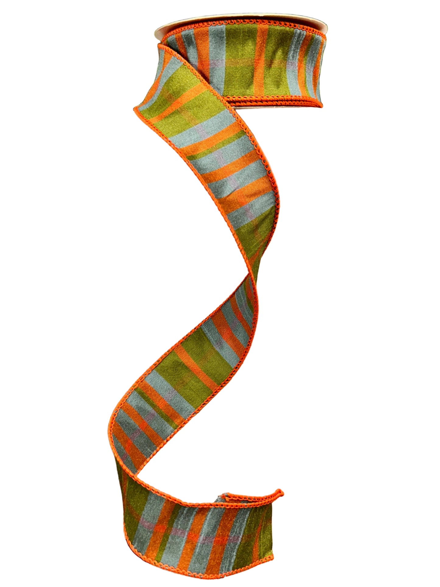 1.5 Inch By 10 Yard Moss Green Orange And Smoke Blue Faux Dupinoi Plaid Ribbon