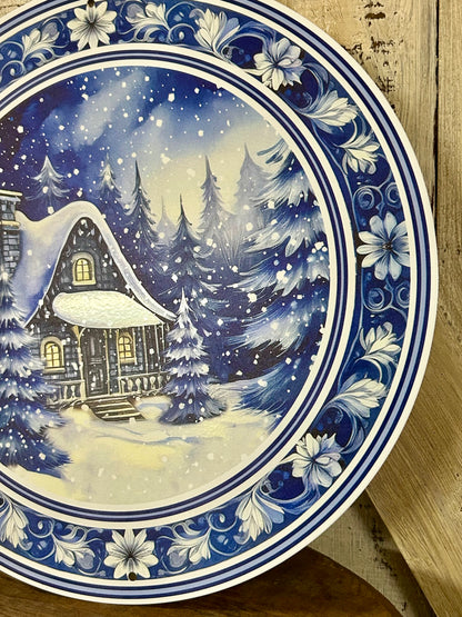 12 Inch Winter Cabin Scene Metal Sign