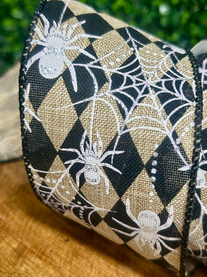 2.5 Inch By 10 Yard Natural And Black Harlequin Spider And Spiderweb Ribbon