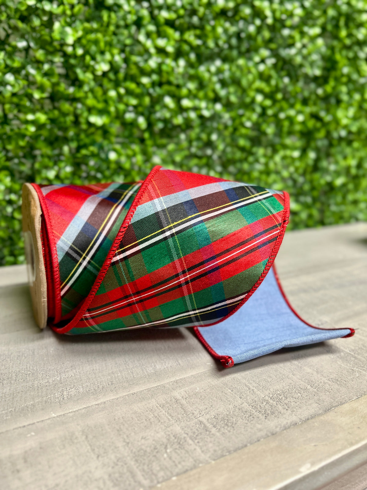 4 Inch By 10 Yard Traditional Christmas Plaid With Blue Backing Ribbon