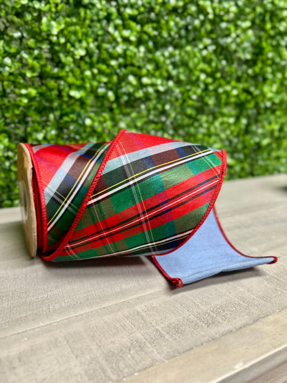 4 Inch By 10 Yard Traditional Christmas Plaid With Blue Backing Ribbon