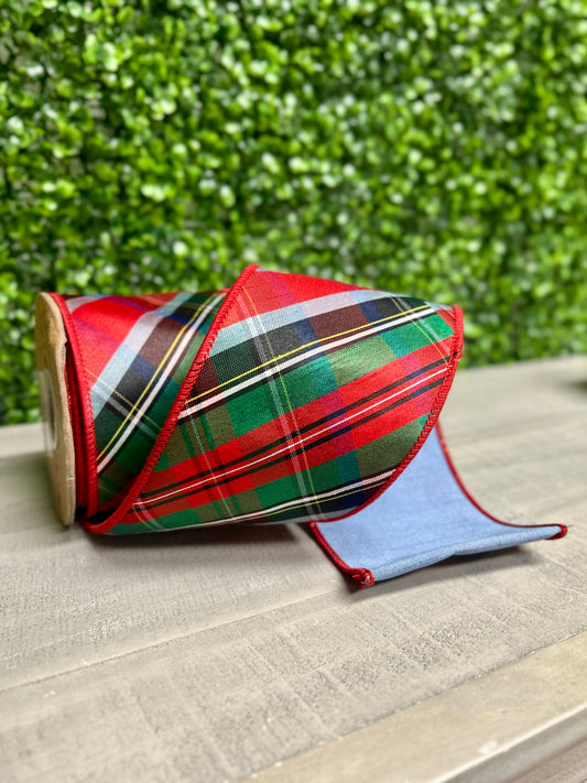 4 Inch By 10 Yard Traditional Christmas Plaid With Blue Backing Ribbon