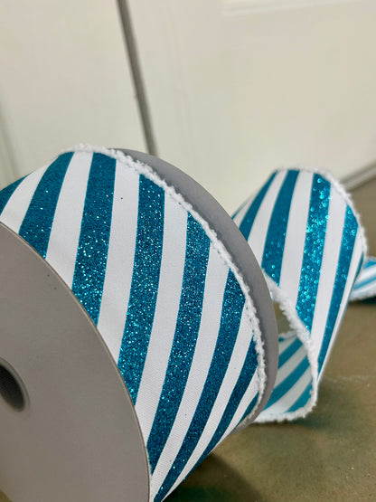 2.5 Inch By 10 Yard Teal Glitter And White Diagonal Stripe With White Fuzzy Edging Ribbon