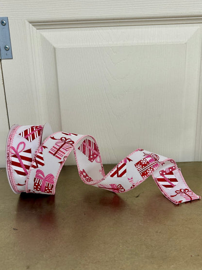 1.5 Inch By 10 Yard Red And Pink Wrapped Gifts On White Background Ribbon