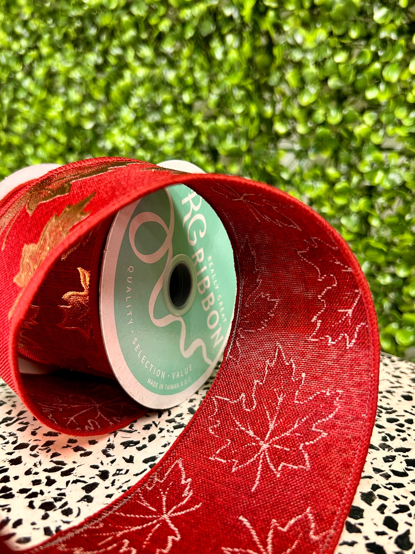 2.5 Inch By 10 Yard Burgundy Foil Maple Leaf On Royal Ribbon