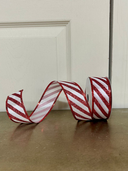 1.5 Inch By 10 Yard Red And White Glitter Candy Cane Stripe Ribbon