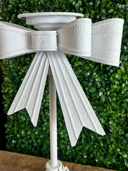 15 Inch White Metal Bow Candle Holder