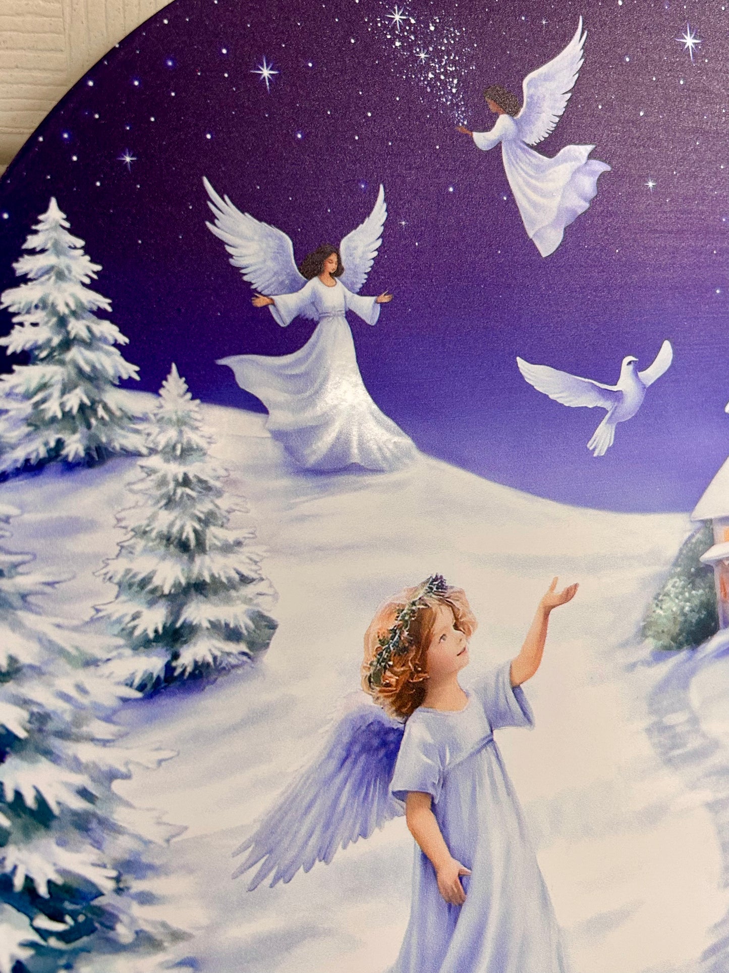 12 Inch White Blue And Green Angel Winter Scene Metal Sign