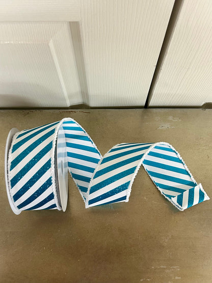 2.5 Inch By 10 Yard Teal Glitter And White Diagonal Stripe With White Fuzzy Edging Ribbon