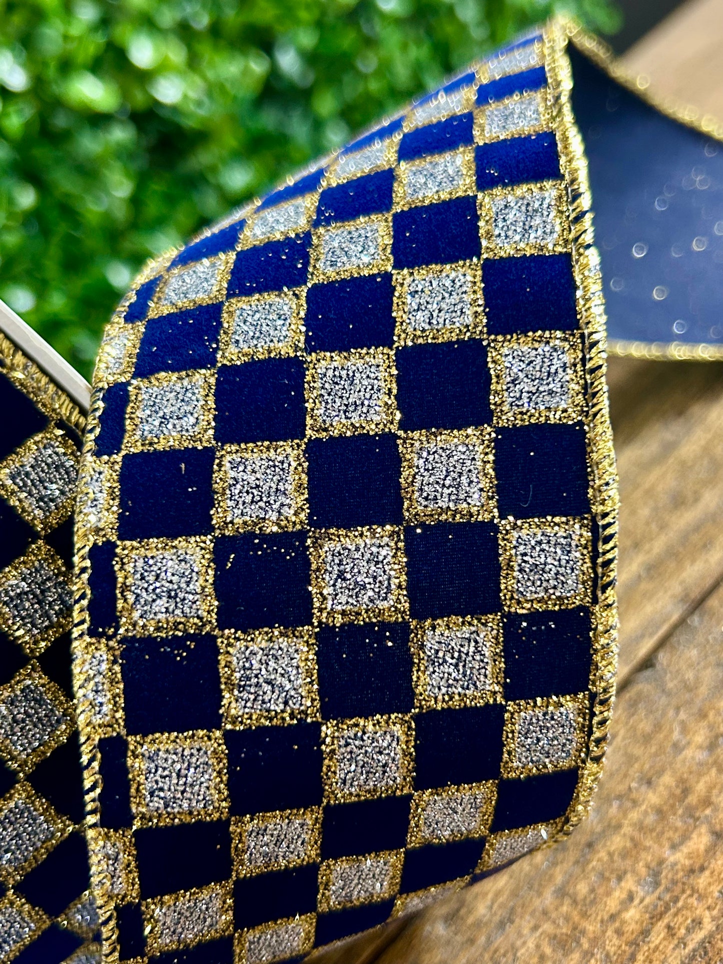 2.5 Inch By 10 Yard Navy And Silver Velvet Glitter Check Ribbon
