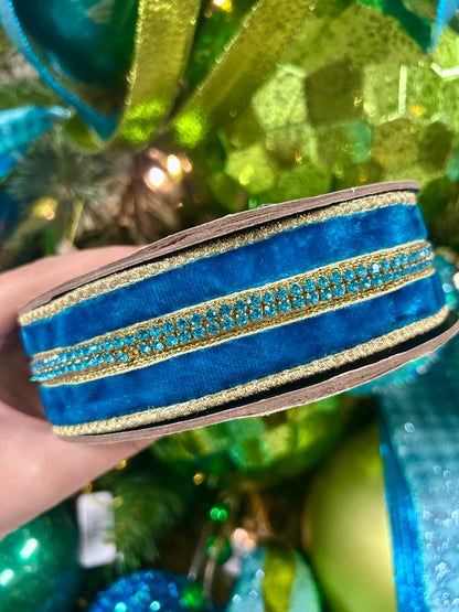 1.5 Inch By 5 Yards Teal And Gold Velvet With Jewel Center Ribbon