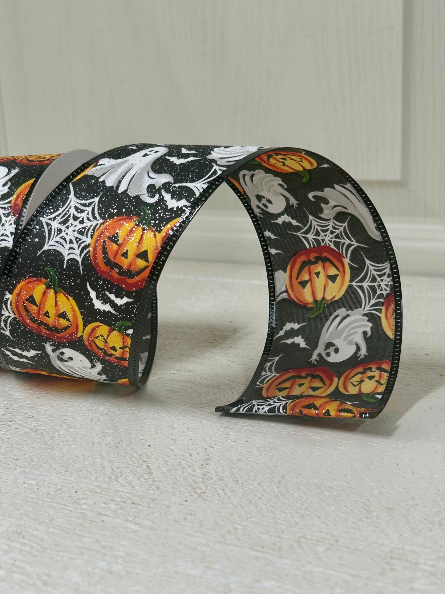 2.5 Inch By 10 Yard Black Glitter Ghosts Pumpkin Bats And Spider Webs Ribbon