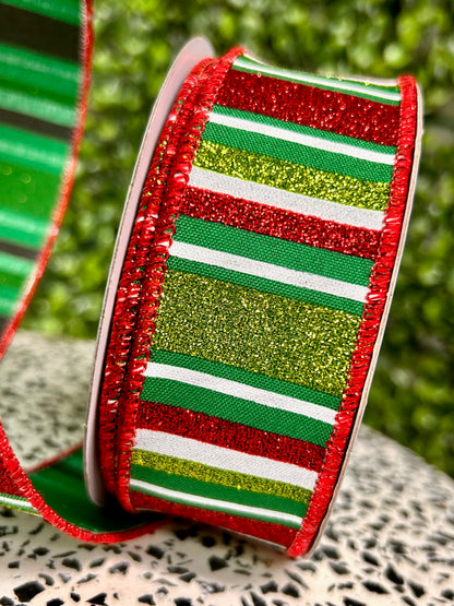 1.5 Inch By 10 Yard Emerald Red And Lime Horizontal Stripe Ribbon