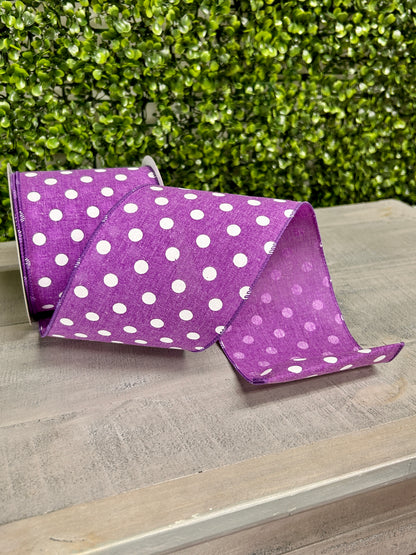 4 Inch By 10 Yard Purple Polka Dot Linen Ribbon