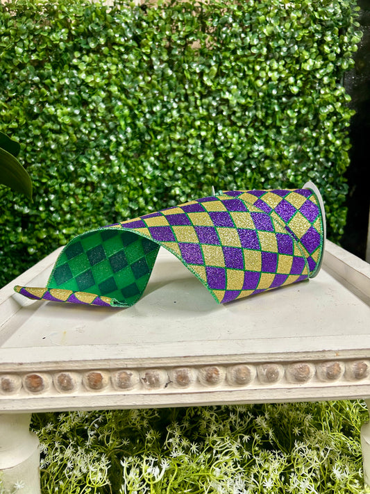 4 Inch By 10 Yard Mardi Gras Glitter Harlequin Ribbon