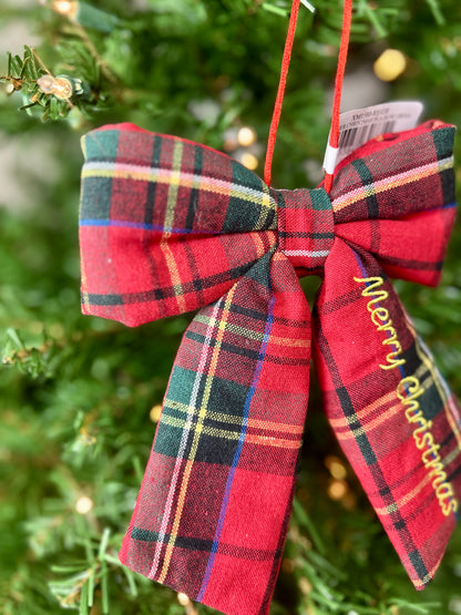 7.5 Inch Red Green Plaid Merry Christmas Bow Ornament