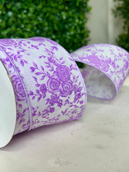 2.5 Inch By 10 Yard White Linen With Lavender Ombre Roses Ribbon
