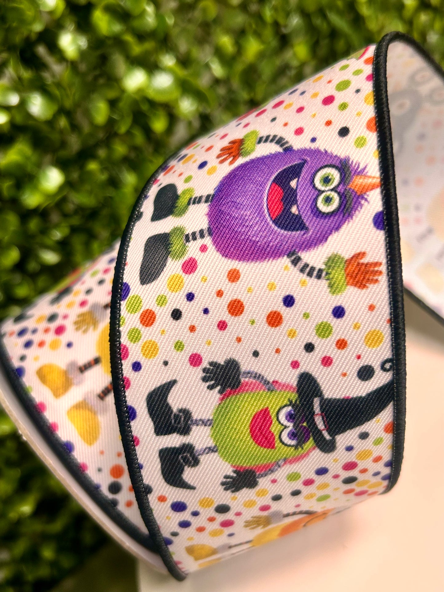 2.5 Inch By 10 Yard Multicolor Halloween Monsters On White Background Ribbon